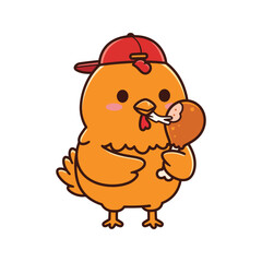 Obraz premium Cute Cartoon Chicken Wearing a Cap and Eating a Drumstick