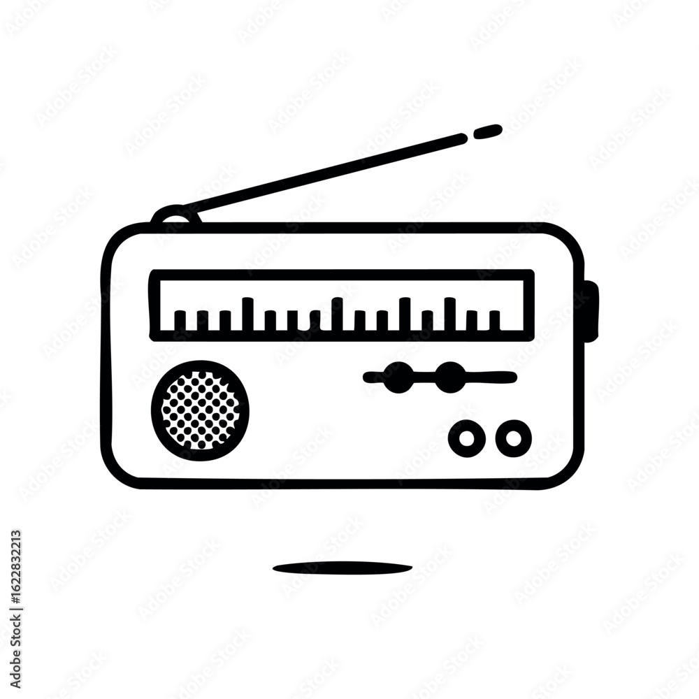 Poster outline drawing of retro radio with antenna and dials – stock vector icon in line style
