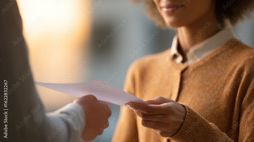 Poster exchange of agreement: an artistic shot capturing the moment a formal document is handed over, focus