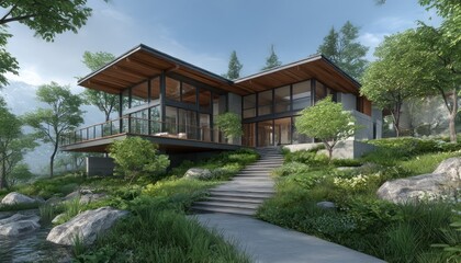 Fototapeta premium Modern house nestled in nature