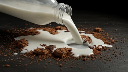 Pouring Milk on Chocolate Chip Cookies with Cocoa Powder and Splash on Dark Surface - Powered by Adobe