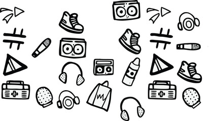Hip-Hop Style Doodle Icon Set – Hand-Drawn Black and White Sketches of Sneakers, Headphones, Boombox, Mics, Spray Cans, Cassette Tapes & Urban Street Elements for Art & Design Projects