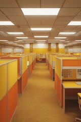 An empty cubicle farm in an office, 70s retro style