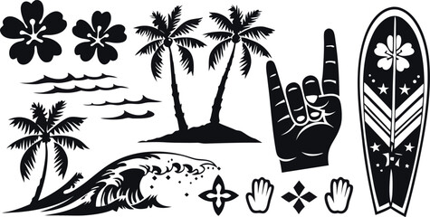 Tropical Surf and Beach Silhouette Vector Set – Palm Trees, Surfboards, Ocean Waves, Shaka Hand Sign, Hibiscus Flowers, Island Elements – Summer Vacation Clipart Design