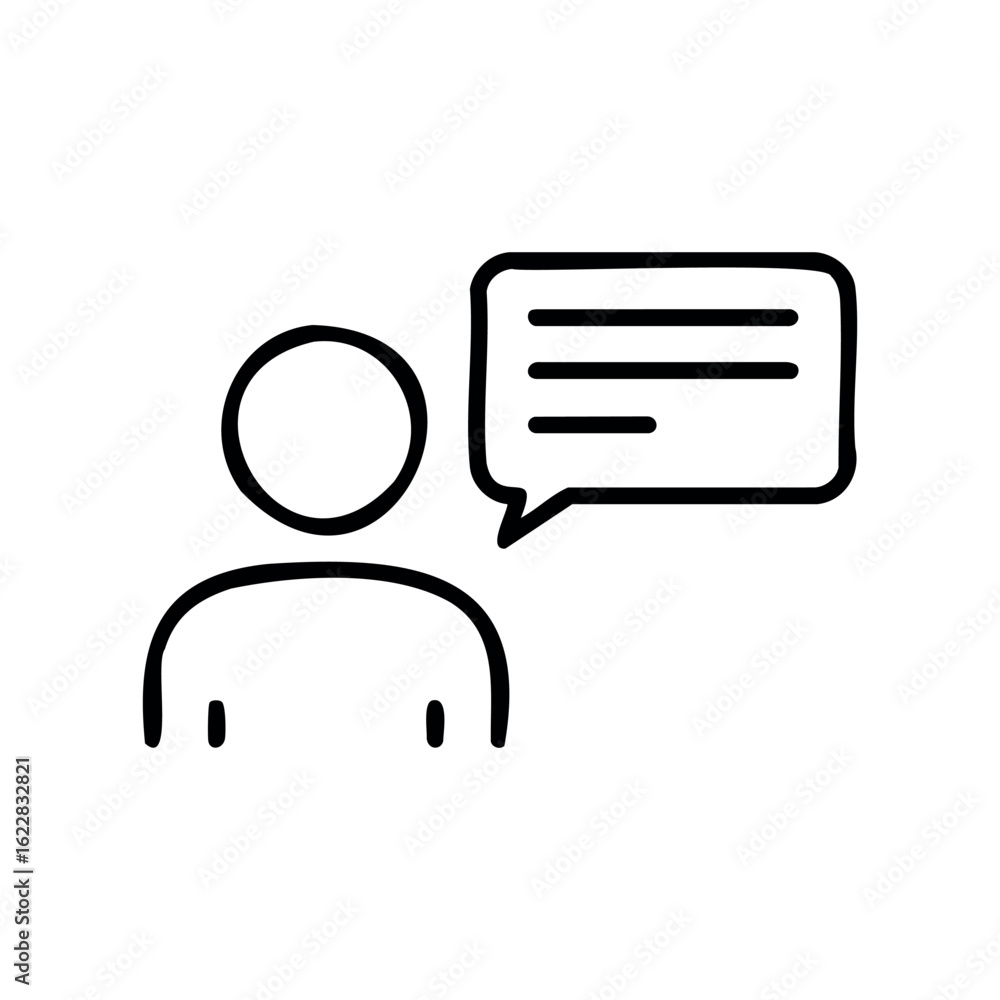 Poster simplified line drawing of person icon with speech bubble for communication concept – stock vector i