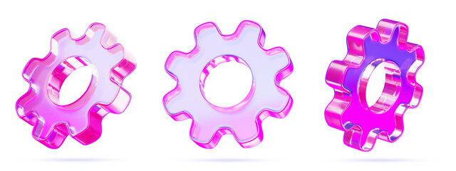 3d set of glass holographic gear or cogwheel icon in different angles. Crystal cog wheel with purple pink gradient. Industrial innovation, technical progress, engineering, settings. 3D illustration