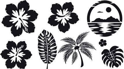 Tropical Beach Silhouette Icon Set – Vector Hibiscus Flowers, Palm Trees, Leaves, Ocean Sunset, Exotic Plants – Summer Paradise Clipart for Travel, Vacation, and Nature Themes