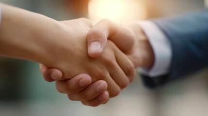 Handshake of Agreement: A close-up shot captures the essence of collaboration and partnership as two hands come together in a firm handshake. Signifying trust, cooperation, and mutual respect.