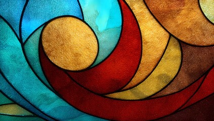 Colorful abstract stained glass artwork with swirling geometric patterns

