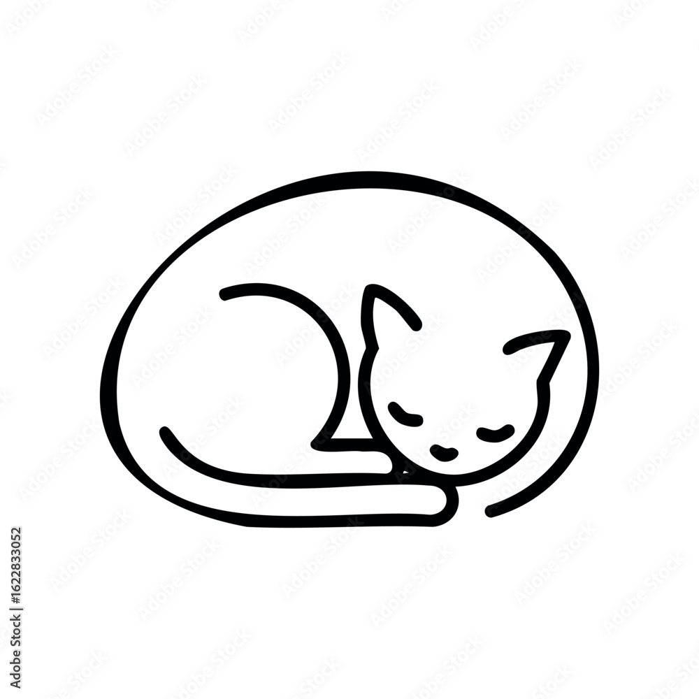 Poster minimalist line art of a sleeping cat in a curled position – stock vector icon in line style