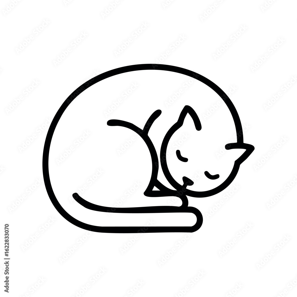Poster minimalist line drawing of a sleeping cat with simple outline and curled tail – stock vector icon in