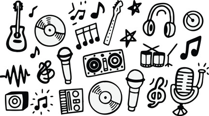 Hand Drawn Music Icon Set – Vector Doodle Sketch of Instruments, Speakers, Microphones, Headphones, Music Notes, Vinyl Records – Black and White Clipart for Audio and Media Designs