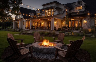 An outdoor fire pit surrounded by Adirondack chairs, set in the front yard of an elegant country home