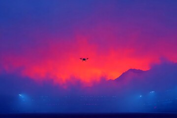 Drone flying across vivid sunset sky, symbolizing modern technology, exploration, and freedom