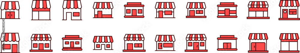 Poster set of filled color icons of red shop. minimalistic linear pictogram for web and graphic design, app