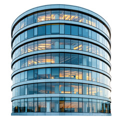 A cylindrical modern glass office building illuminated at night, showcasing its architectural design and numerous windows. background removed