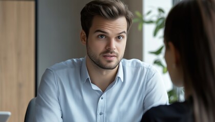 Skeptical Caucasian Male Interviewer Listening To Asian Female Interviewee - A Scene Of Cross-Cultural Communication And Body Language Signals.