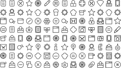 "User Interface and Web Tools Icon Set – Line Style Elements Including Stars, Profiles, Settings, Forms, Buttons, Sliders, Windows, and Essential UX/UI Icons for App and Web Development"