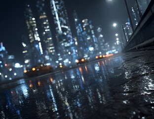 Rainy night cityscape with wet pavement reflecting urban lights

