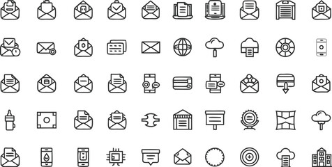 Email and Communication Icon Set – Line Style Mail, Message, Inbox, Cloud Sync, Newsletter, Notification, and Digital Correspondence Vector Icons for Web, App, UI Design Projects