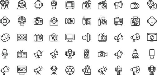 Media Production Icon Set – Line Art Style Camera, Microphone, Video, Studio Equipment, Filmmaking, Broadcasting, and Photography Tools Vector Pack for Creative Professionals"