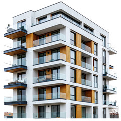 Modern apartment building with glass balconies and wooden accents. background removed