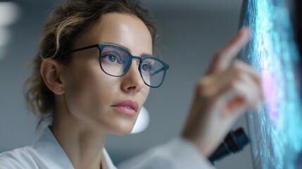 Analytical Insight: A dedicated scientist, with focus eyes, examining a complex display of data, hinting at groundbreaking discoveries.