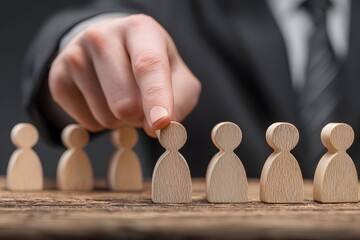 Businessman selecting a candidate from wooden human figures for recruitment or HR concept