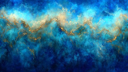 Abstract Blue Gold Texture Painting Deep Ocean Marble
