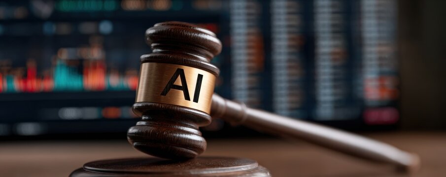 A gavel with AI inscribed on it rests on a wooden , with a blurred background of financial data charts suggesting legal tech.