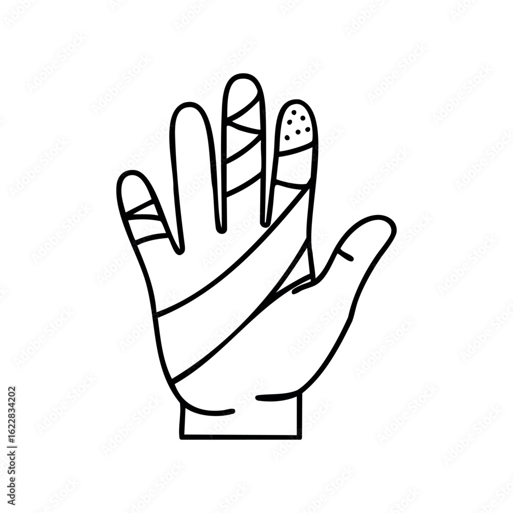 Poster line drawing of hand with multiple fingers bandaged – stock vector icon in line style
