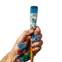 A hand, stained with vibrant paint, firmly grips a paintbrush, showcasing artistic passion. background removed