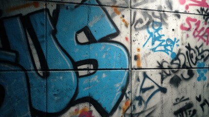 Close-up detail of colorful urban graffiti painted on a textured concrete public wall with abstract street art elements, symbolizing rebellion, creativity, youth culture, and underground expression