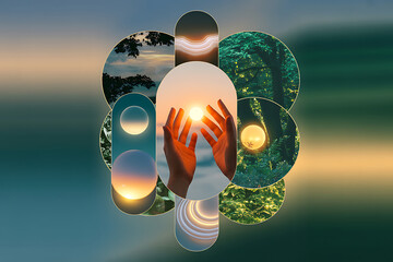 Hands holding glowing orb surrounded by nature scenes