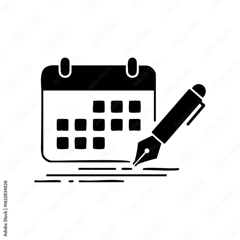 Poster calendar icon with fountain pen highlighting a date – stock vector icon in line style