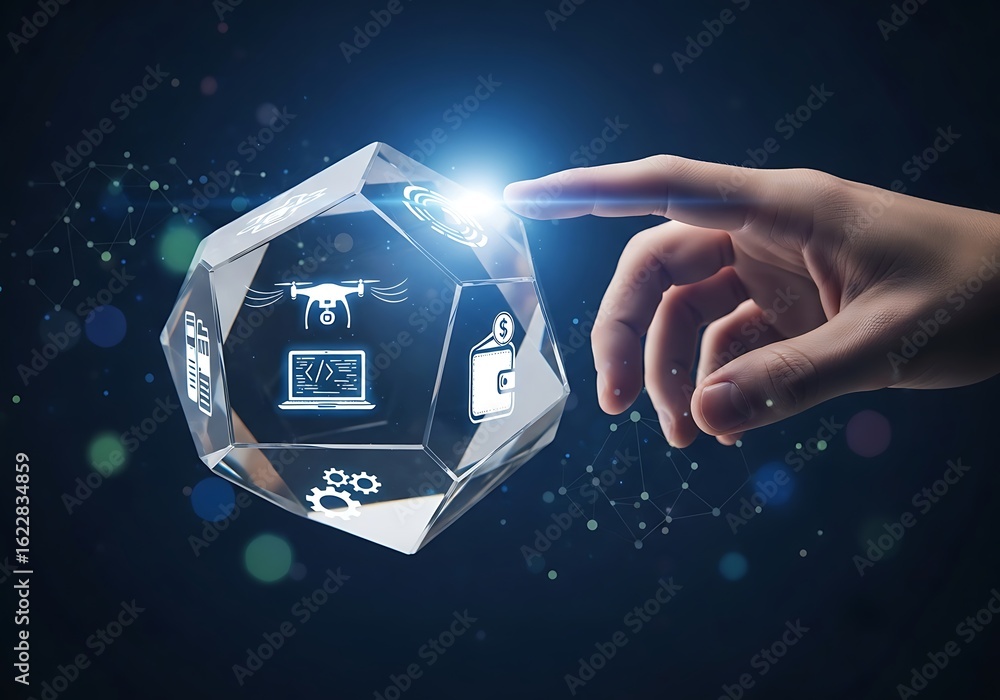 Poster hand interacting with futuristic transparent digital globe showcasing drone technology, coding, fina