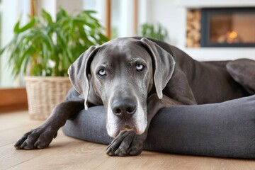 Great dane relaxing on dog bed in cozy living room