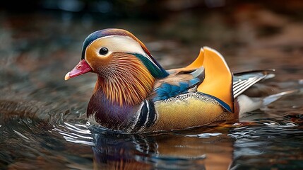 Close up shot of a colorful mandarin duck swimming peacefully on the surface of rippling water outdoors