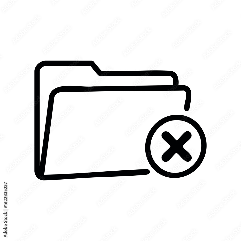 Poster folder icon with delete symbol in black and white – stock vector icon in line style