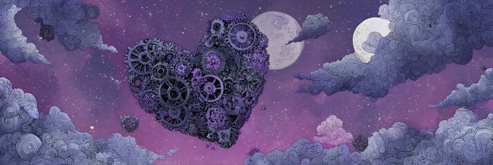 Steampunk mechanical purple heart floating in cloudy moonlit night sky