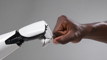 Close-up of a black male hand doing a fist bump with a white robot, isolated on a grey background