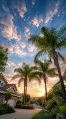 Sunset over suburban homes with palm trees