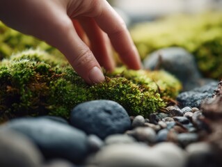 a hand touching moss in a small garden with pebbles and rocks