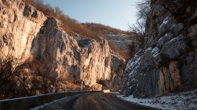 Curved mountain road winding through scenic highland landscape with rocky terrain and pine trees, under clear blue sky. Concept of travel, adventure, wilderness drive and natural outdoor exploration - Powered by Adobe