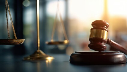 a wooden gavel and golden scales on a table in an office, with a blurred background