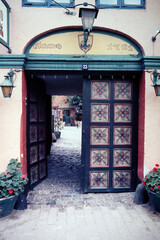 Entrance to a courtyard restaurant in old town Prague.