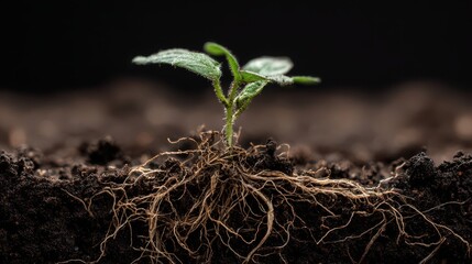 Close-up of a young plant with roots in soil or black dirt on a natural background
