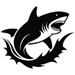 Stylized black shark breaching through water silhouette