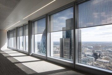 Modern Office Interior with City View Through Large Windows and Roller Blinds, Bright Day