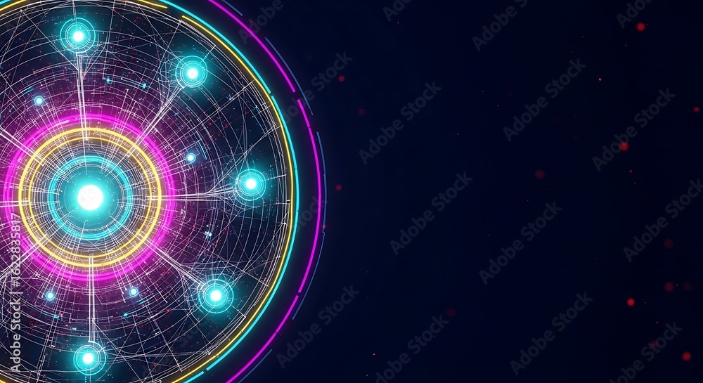 Poster abstract neon circular network: futuristic technology background with copy space